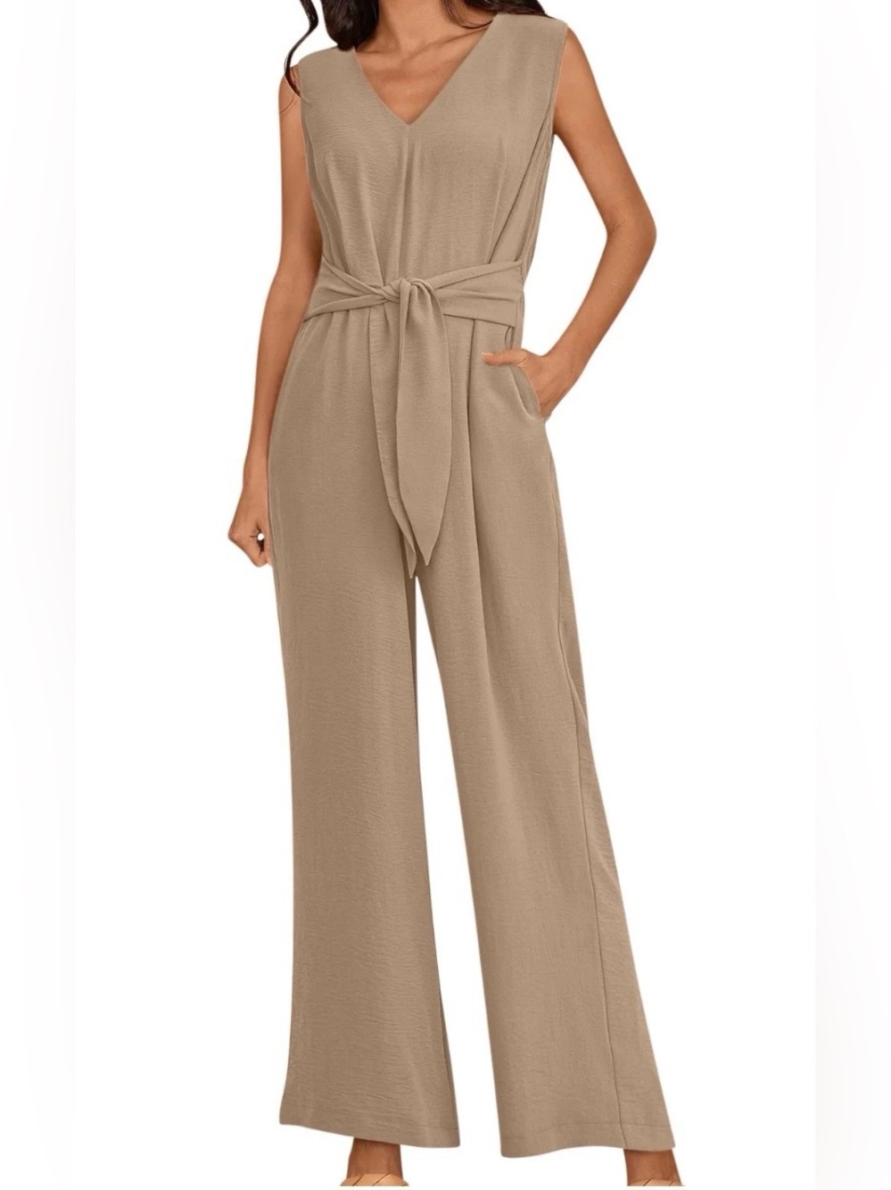 Calvin Klein Women’s Taupe Wide-Leg Sleeveless Jumpsuit with Waist Tie Size 12